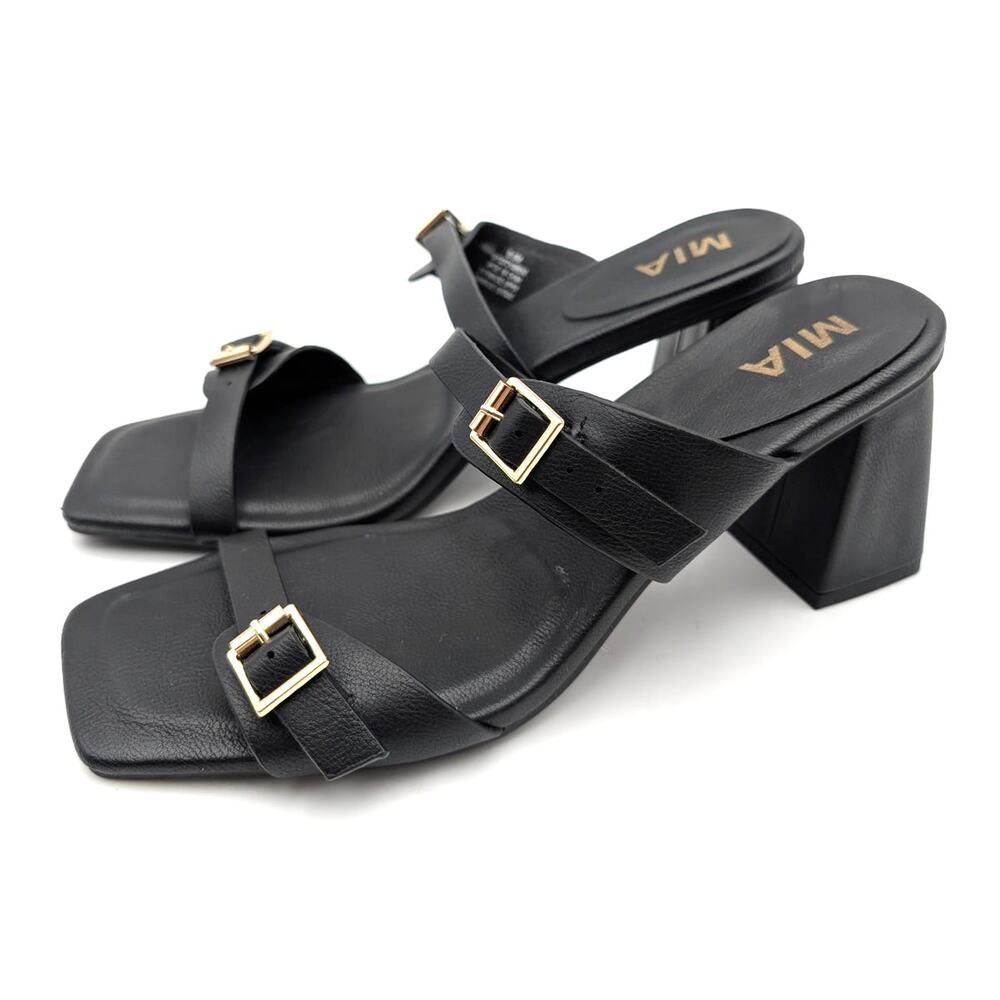 Mia Rene Double Buckle Block Heel Sandals Women's Black Size US8.5M EU38.5